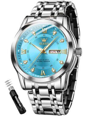 Olevs Men's Silver Blue Diamond Wrist Quartz Stainless Luminous Luxury Watch